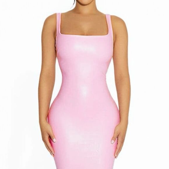 NWT Naked Wardrobe Pink Faux Leather Maxi Tank Dress Size Medium Fitted Bodycon - Picture 8 of 16